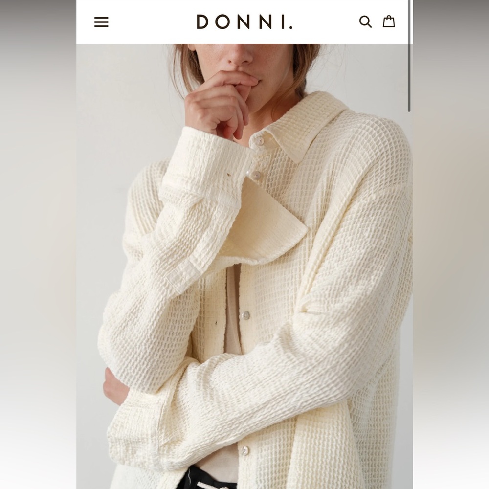 DONNI. Cream Waffle Knit Button-Down Shirt - Picture 5 of 5